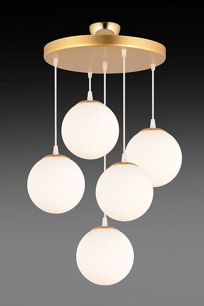 SONSUZ AYDINLATMA&AVİZE Pendant Lamp Tray Gold 5-Piece White Globe Glass Luxury Chandelier