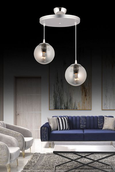 SONSUZ AYDINLATMA&AVİZE Pendant Lamp Tray Chrome 2-Piece Smoked Globe Glass Luxury Chandelier