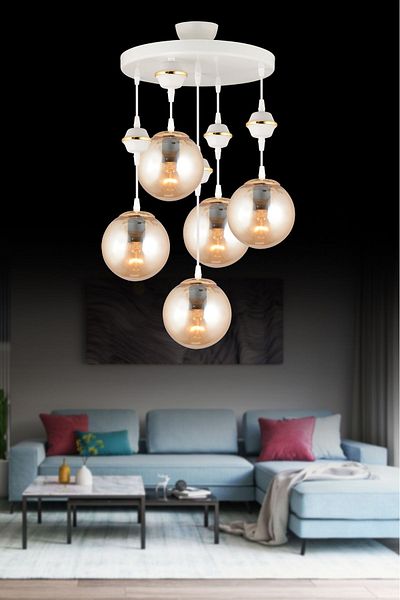 SONSUZ AYDINLATMA&AVİZE Pendant Lamp Tray White 5-Piece Bal Glop Top Glass Downward Facing Luxury Chandelier