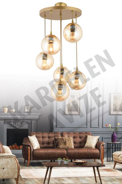 SONSUZ AYDINLATMA&AVİZE 6-Piece Antique Pendant Tray - Honey Ball and Glass Downward Facing Chandelier