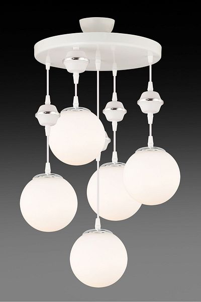 SONSUZ AYDINLATMA&AVİZE Pendant Lamp Tray White 5-Piece White Globe Top Glass Chrome Downward Facing Luxury Chandelier