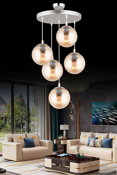 SONSUZ AYDINLATMA&AVİZE Pendant Lamp Tray Chrome 5-Piece Honey Glop Glass Luxury Chandelier
