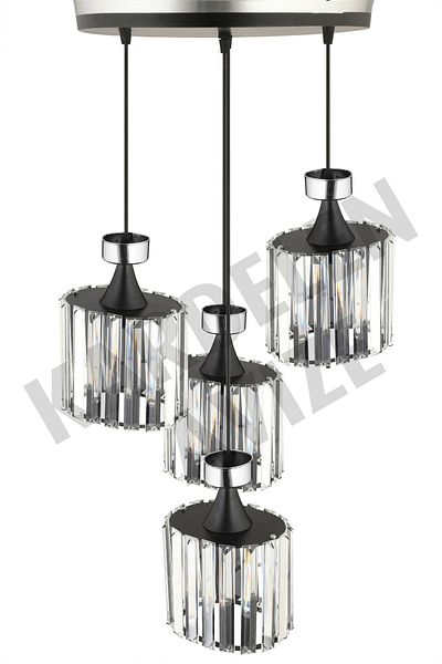 SONSUZ AYDINLATMA&AVİZE 4-Piece Pendant Lamp with Chrome Strip and Crystal Stone Black Facing Luxury Chandelier