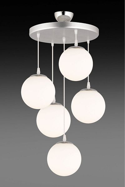 SONSUZ AYDINLATMA&AVİZE Pendant Lamp Tray Chrome 5-Piece White Globe Glass Luxury Chandelier