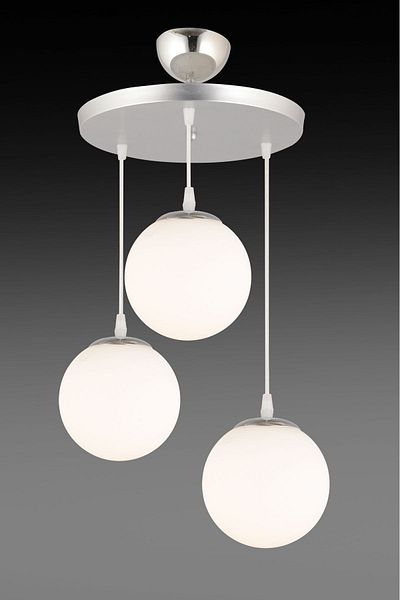 SONSUZ AYDINLATMA&AVİZE Pendant Lamp Tray Chrome 3-Piece White Globe Glass Luxury Chandelier