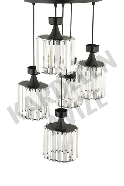 SONSUZ AYDINLATMA&AVİZE Luxury Chandelier - Black 5-Piece Pendant Lamp with Crystal Stone Downward Facing