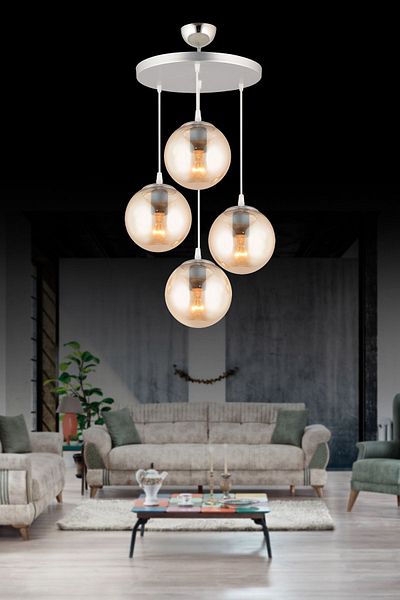 SONSUZ AYDINLATMA&AVİZE Pendant Lamp Tray Chrome 4-Piece Honey Glop Glass Luxury Chandelier