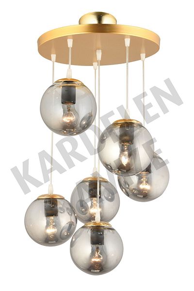 SONSUZ AYDINLATMA&AVİZE 6-Piece Smoked Globe Glass Luxury Chandelier - Pendant Lamp Tray Gold