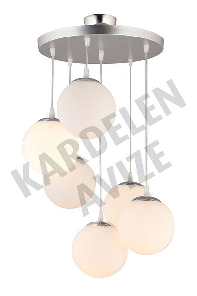SONSUZ AYDINLATMA&AVİZE 6-Piece White Globe Glass Luxury Chandelier - Pendant Lamp Tray Chrome