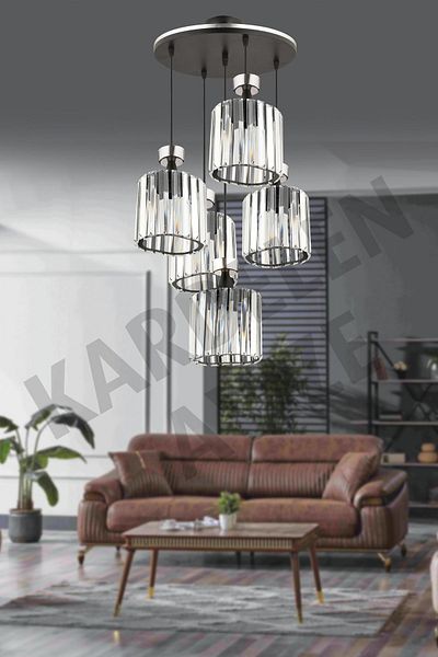 SONSUZ AYDINLATMA&AVİZE 5-Piece Black Crystal Stone and Chrome Strip Luxury Chandelier Facing