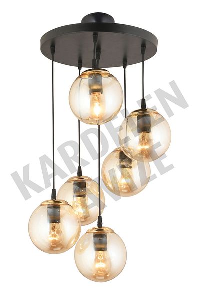 SONSUZ AYDINLATMA&AVİZE 6-Piece Black Pendant Tray - Honey Ball, Globe Glass, Downward Facing Luxury Chandelier
