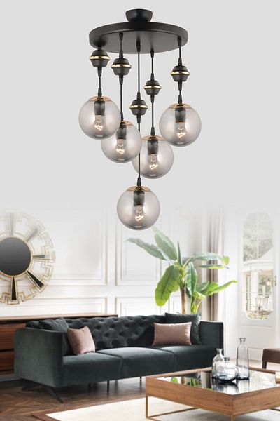 SONSUZ AYDINLATMA&AVİZE Pendant Lamp Tray Black 5-Piece Smoked Top Glop Glass Downward Facing Luxury Chandelier