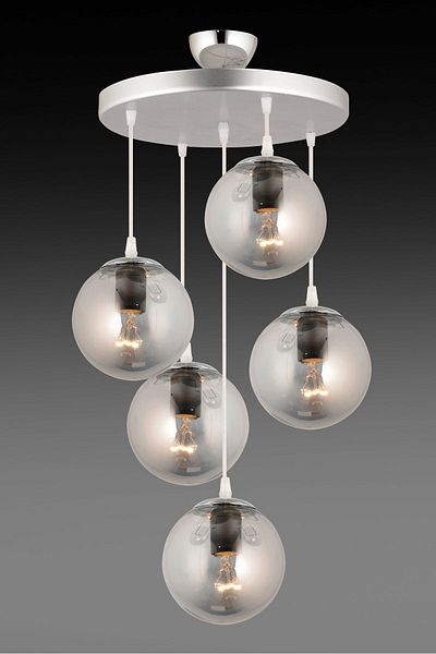 SONSUZ AYDINLATMA&AVİZE Pendant Lamp Tray Chrome 5-Piece Smoked Glop Glass Luxury Chandelier