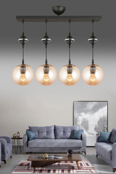 SONSUZ AYDINLATMA&AVİZE Pendant Lamp Row Tray Black 4-Piece Bal Glop Top Glass Chrome Downward Facing Luxury Chandelier