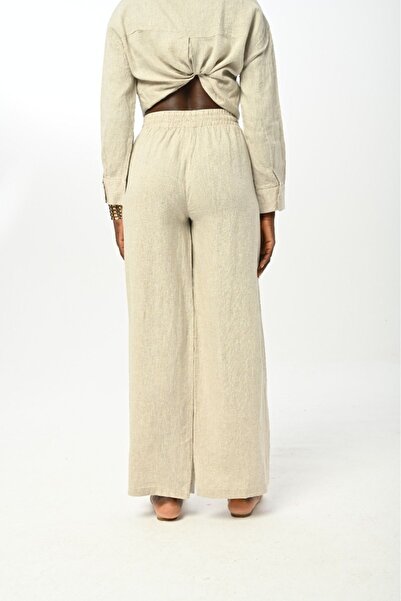 Orfeo Negro Straight Cut - Elastic Waist Women's Trousers, Wide Leg, Natural Color