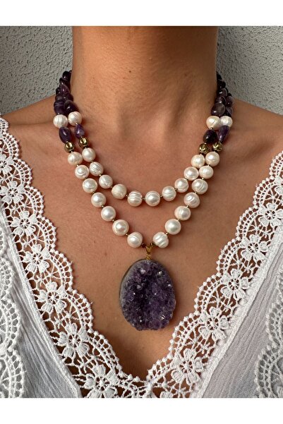 Hazeran accessories Gerçek İncili Ham Ametist Taşlı Kolye