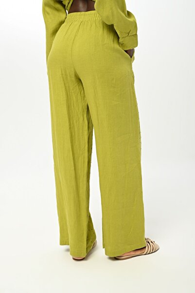 Orfeo Negro Stone Embroidered and Wide Leg Linen Women's Trousers - Elastic Waist