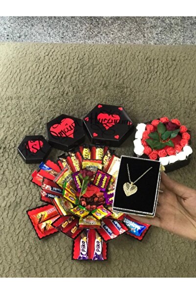 1H2M Hediyelik Çikolatalı Kutu Melek Kanadı Kolye 2 Adet Gül 1h2m