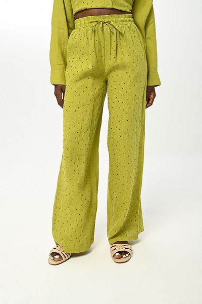 Orfeo Negro Stone Embroidered and Wide Leg Linen Women's Trousers - Elastic Waist