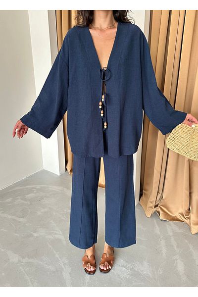 Laluvia Leinen-Kimono-Set – Marineblau mit Perlendetail