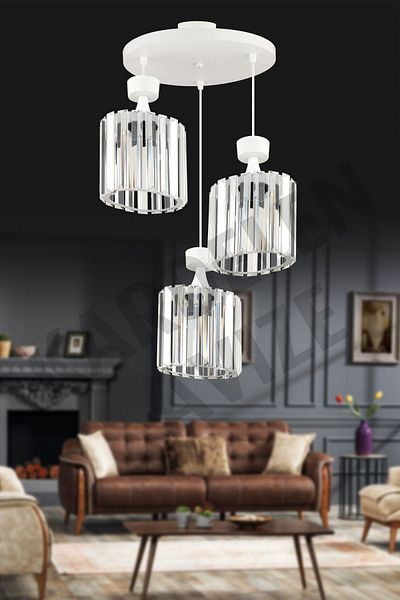 SONSUZ AYDINLATMA&AVİZE Luxury Chandelier - White 3-Piece Pendant Lamp with Crystal Stone Downward Facing