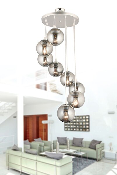 SONSUZ AYDINLATMA&AVİZE Sonsuz Sarkıt Tepsi Krom 9'lu Füme Glop Camlı Lüks Avize