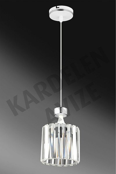 SONSUZ AYDINLATMA&AVİZE Luxury Chandelier - White Single, Chrome Strip and Crystal Stone Facing
