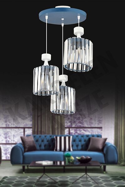 SONSUZ AYDINLATMA&AVİZE Snowdrop Blue 3-Piece Pendant Lamp Crystal Stone Downward Facing Luxury Chandelier