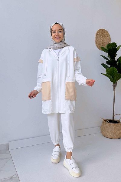 Ka Hijab Λεπτομερές σετ κοστουμιού λευκής τσέπης