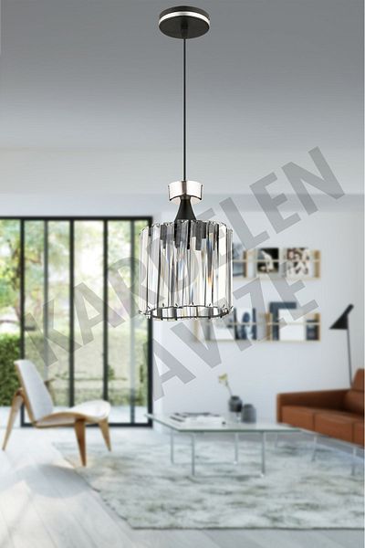 SONSUZ AYDINLATMA&AVİZE Luxury Chandelier - Black Single Pendant Lamp with Chrome Strip and Crystal Stone Facing Down