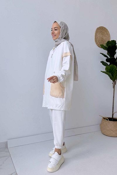 Ka Hijab Λεπτομερές σετ κοστουμιού λευκής τσέπης