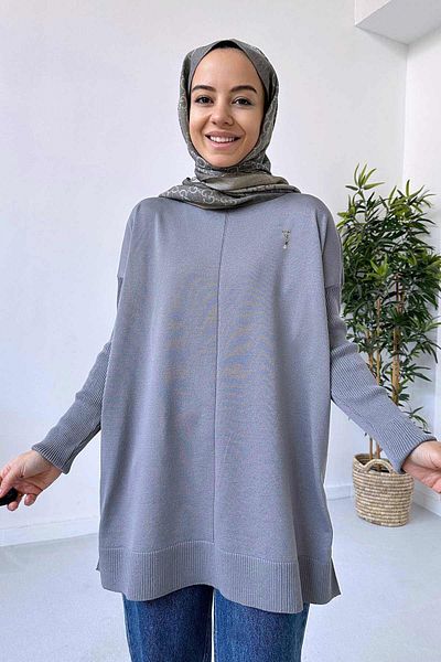 Ka Hijab Mercerized Hijab Tunic with Bow Brooch Detail - Gray
