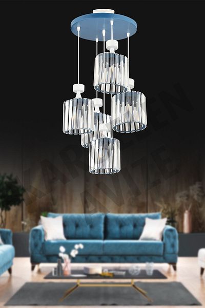 SONSUZ AYDINLATMA&AVİZE Kardelen Blue 5-Piece Pendant Lamp Crystal Stone Downward Facing Luxury Chandelier
