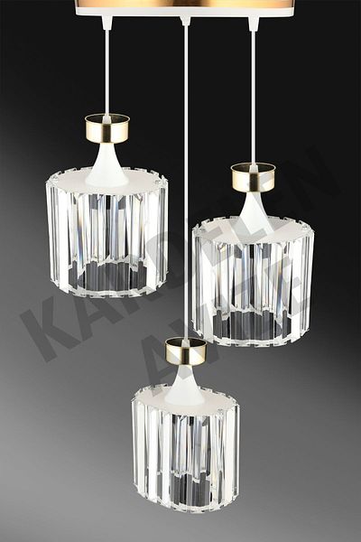 SONSUZ AYDINLATMA&AVİZE Luxury Chandelier - White 3-Piece Pendant Lamp, Yellow Stripe and Crystal Stone Downward Facing