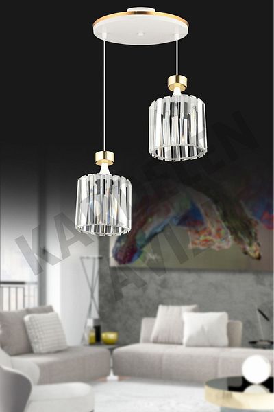 SONSUZ AYDINLATMA&AVİZE Luxury Chandelier - White 2-Piece Pendant Lamp, Yellow Stripe and Crystal Stone Downward Facing