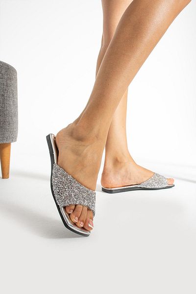 MissPapatya MARJYN Silver Stoned Single Band Flat Heel Women's Slippers