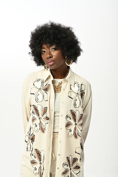 Orfeo Negro Oversize Women's Shirt with Embroidery Detail - Bead Embroidered