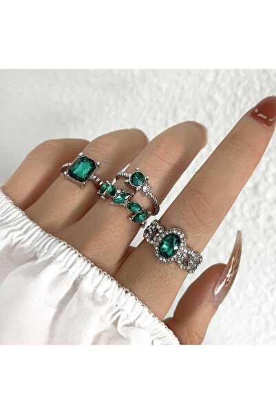 Nakla Accessories 4’lü Zümrüt Yeşili Pırlantalı Yüzük Seti, Yüzük Kombin