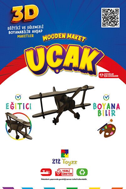 212toyzz 3D Boyanabilir Ahşap Savaş Uçağı Maketi - Çocuklar İçin Eğitici Oyuncak