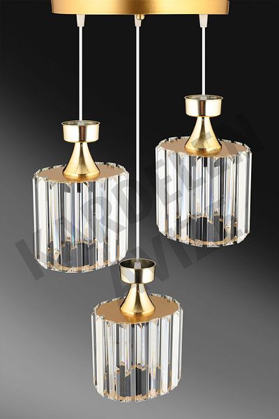 SONSUZ AYDINLATMA&AVİZE Kardelen Gold 3-Piece Pendant Lamp Crystal Stone Downward Facing Luxury Chandelier