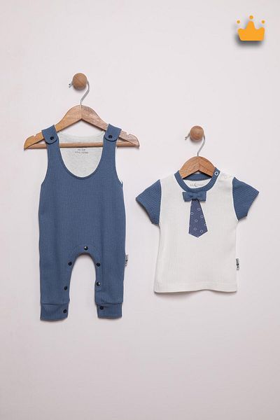 Baby Pattini Babyhola Baby Boy Stylish Salopet T-Shirt - 3-12 Months, 100% Cotton, Bow Tie Detail, 2-Piece Set Suit 3656
