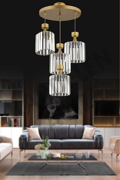 SONSUZ AYDINLATMA&AVİZE 4-Piece Antique Pendant Lamp with Crystal Stone Facing - Luxury Chandelier