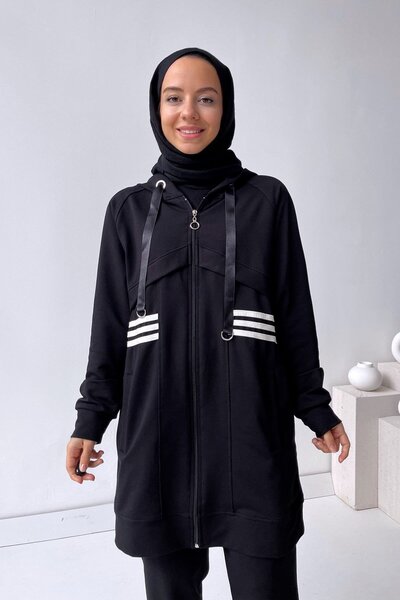 Ka Hijab Black Striped Suit Detailed