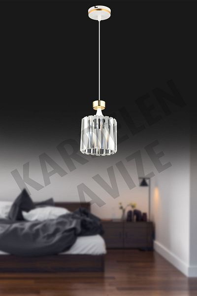 SONSUZ AYDINLATMA&AVİZE Luxury Chandelier - White Single, Pendant Lamp with Yellow Strip and Crystal Stone Facing Down