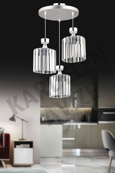 SONSUZ AYDINLATMA&AVİZE Chrome 3-Piece Pendant Lamp Crystal Stone Downward Facing Luxury Chandelier