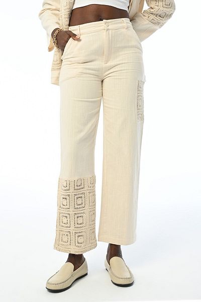 Orfeo Negro Lace Detailed Women's Cotton Trousers - Natural Color