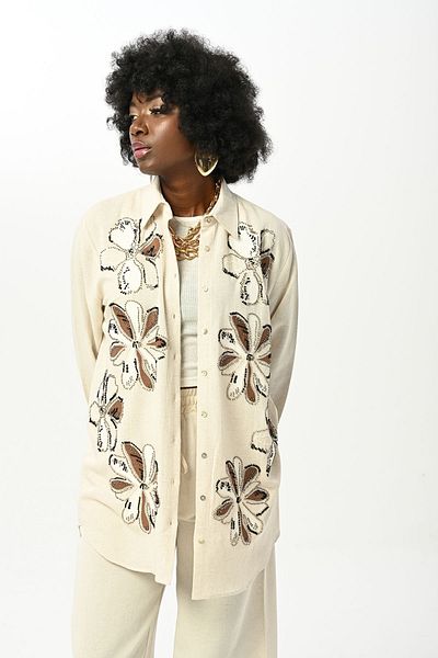Orfeo Negro Oversize Women's Shirt with Embroidery Detail - Bead Embroidered