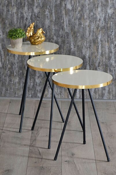 GOLDFALEZ Zigon Sehpa 3 Lü Siyah Metal Ayak Gold Krem