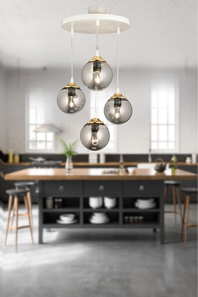 SONSUZ AYDINLATMA&AVİZE White Glop Top Glass 4-Piece Smoke Pendant Lamp Tray - Flat Downward Facing Luxury Chandelier