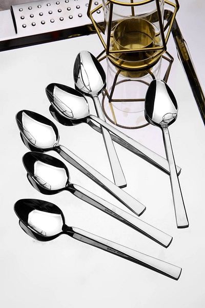 Yüsra Home 12Pcs Dessert Spoon Flat Bar Model Daily Use (Stainless Steel)